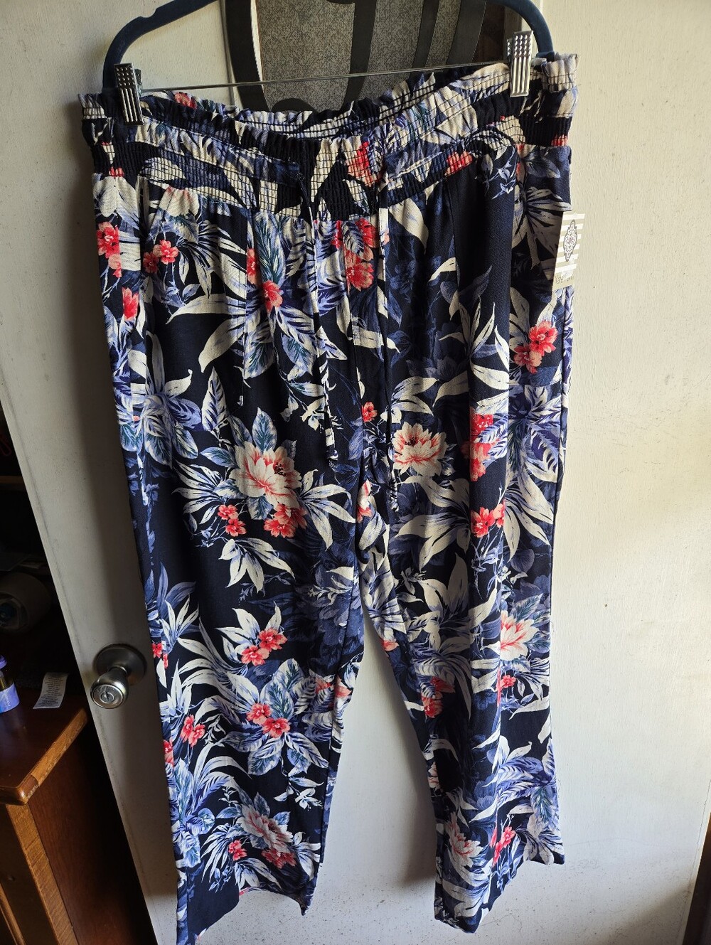Kate Park Floral Print Elastic Waist Womens Linen Blend Pants NWT